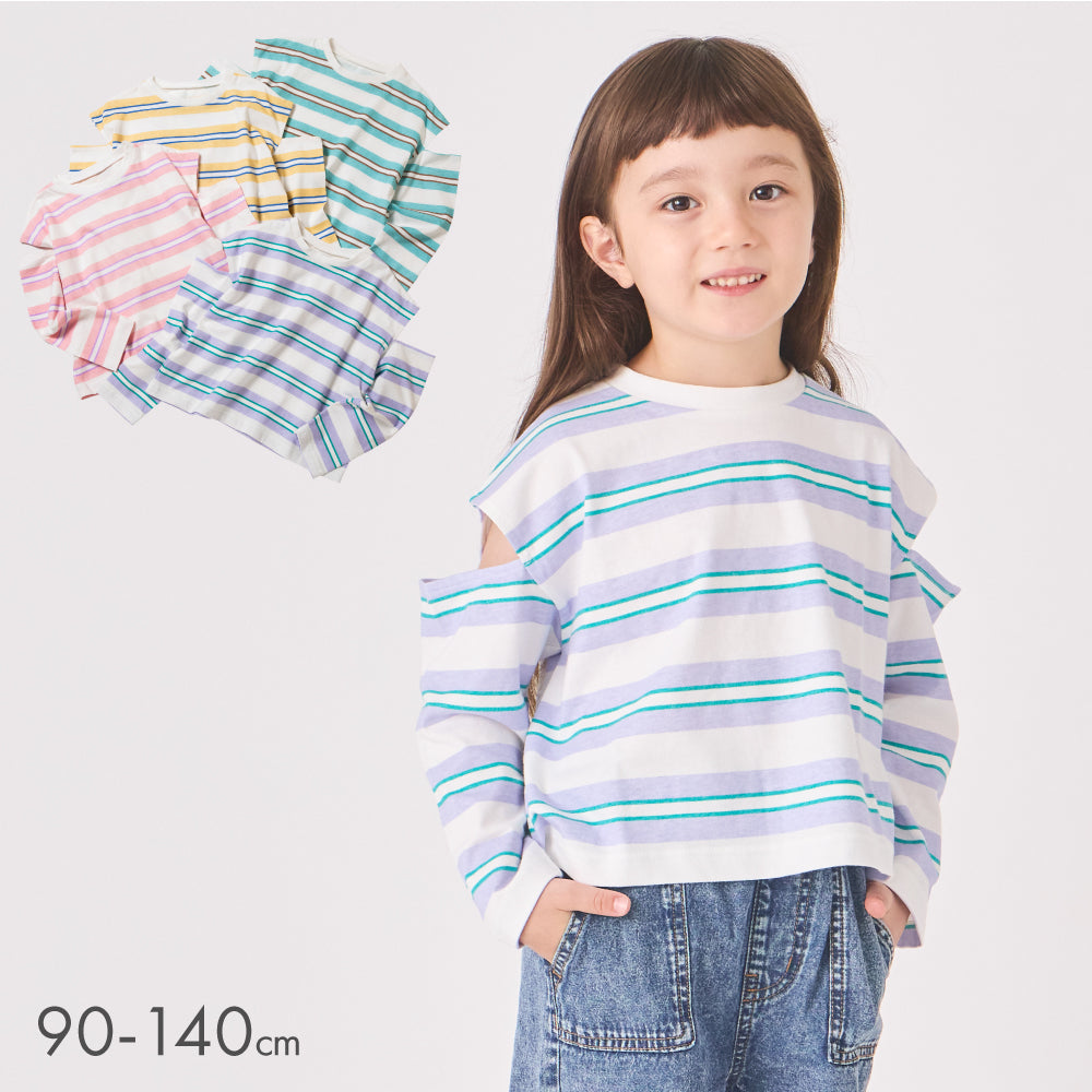 肩開き ボーダー 長袖Tシャツ