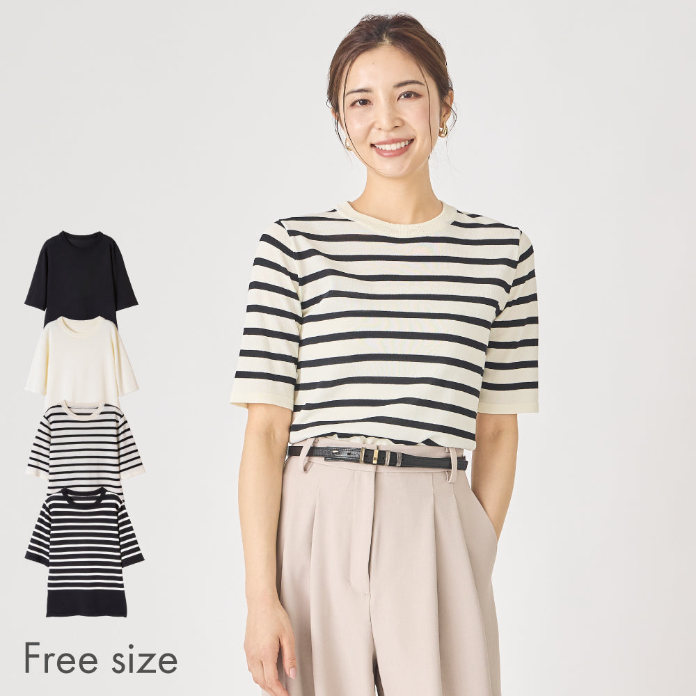 【夏割】 【Ladies】５分袖 シアー ニットTシャツ