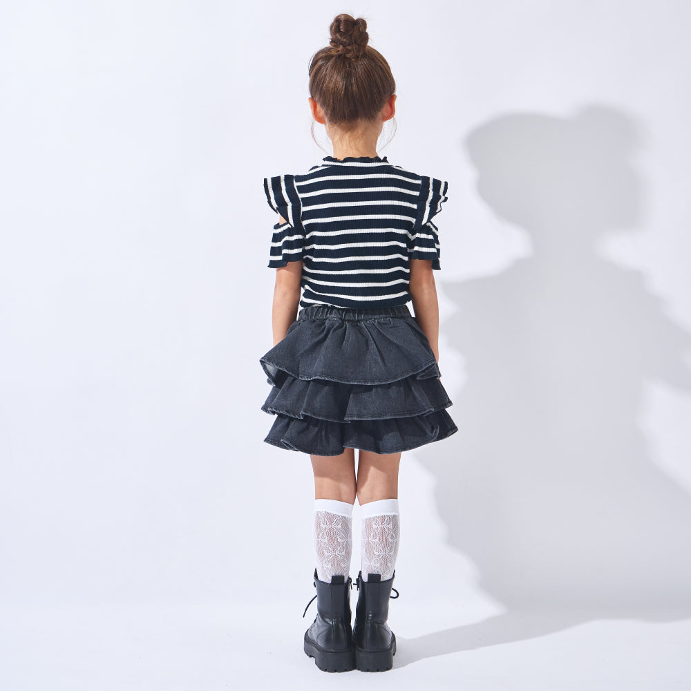 揺れる3段フリル デニムキュロット