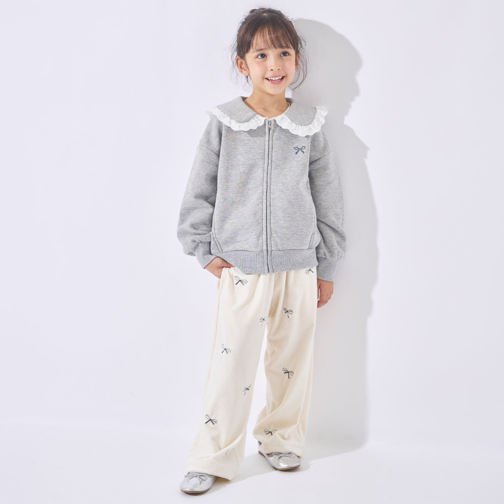 【かるぽか】襟フリルがきゅん 裏起毛ジップアップ